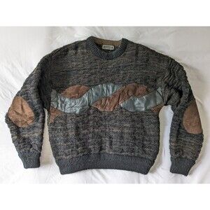 Vintage Saxony Sweater Men's Size Large 80s Leather Acrylic Mohair 1980s Patches